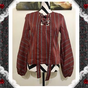 J.O.A. Balloon Sleeve Lace Up Striped Blouse
